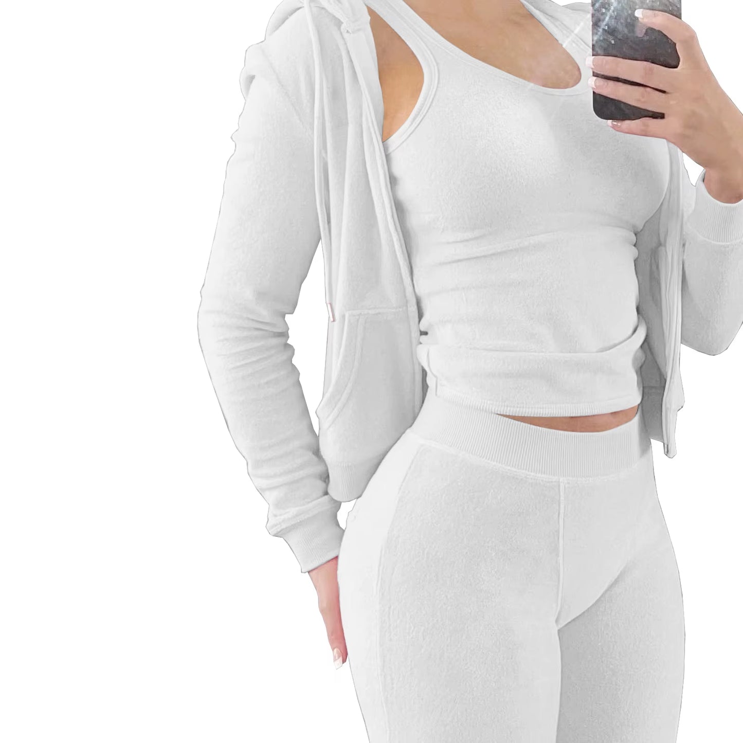 Women's Fuzzy Fleece 3-Piece Tracksuit Set: Zip-Up Hoodie, Sleeveless Tank Top, and Leggings for Casual Lounge Wear