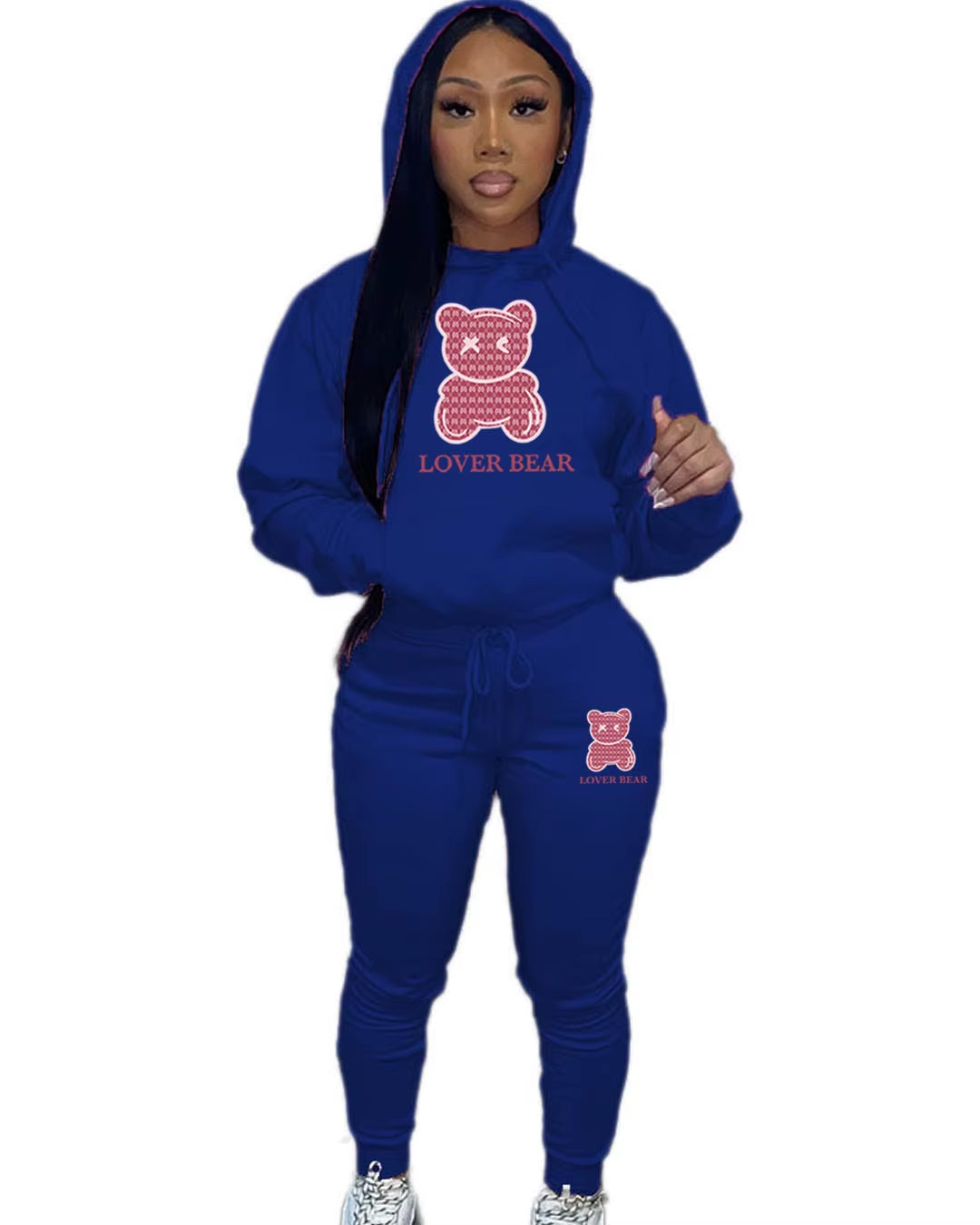 Elegant Bear Letter Print Tracksuit Set with Long Sleeve Hoodie and Drawstring Trousers for Women