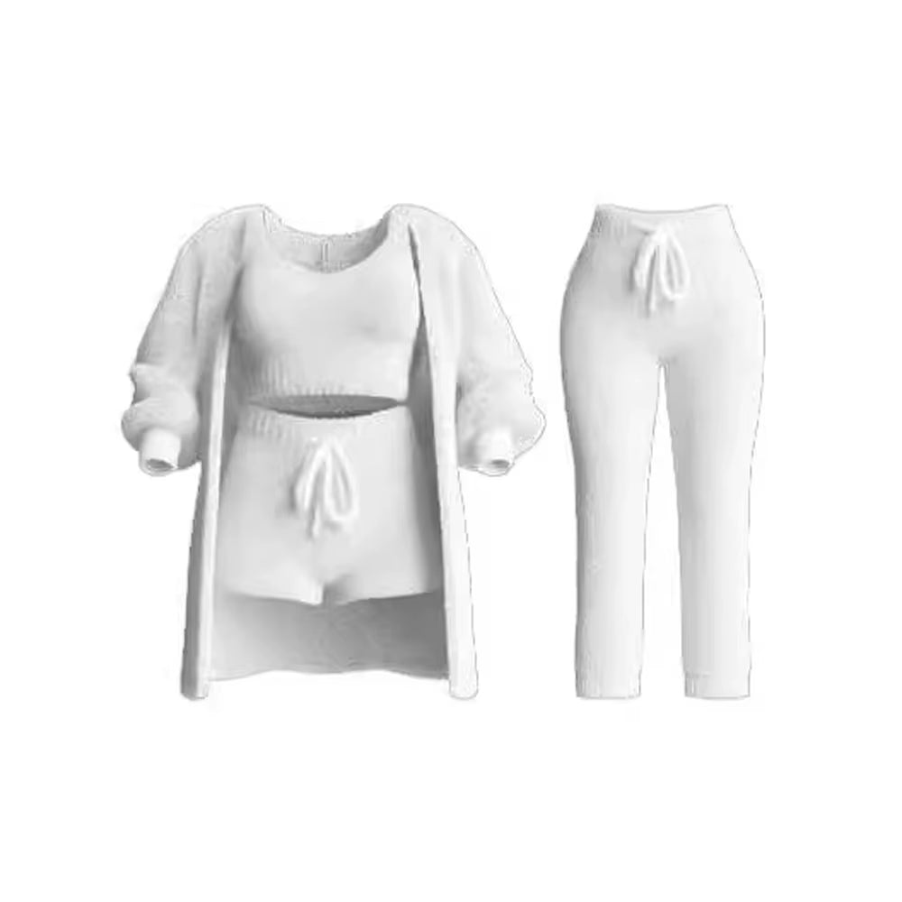 Four-Piece Casual Set: Cropped Tank Tops, High Elastic Drawstring Shorts, Long Sleeve Fleece Knitted Cardigan, and Full Trousers
