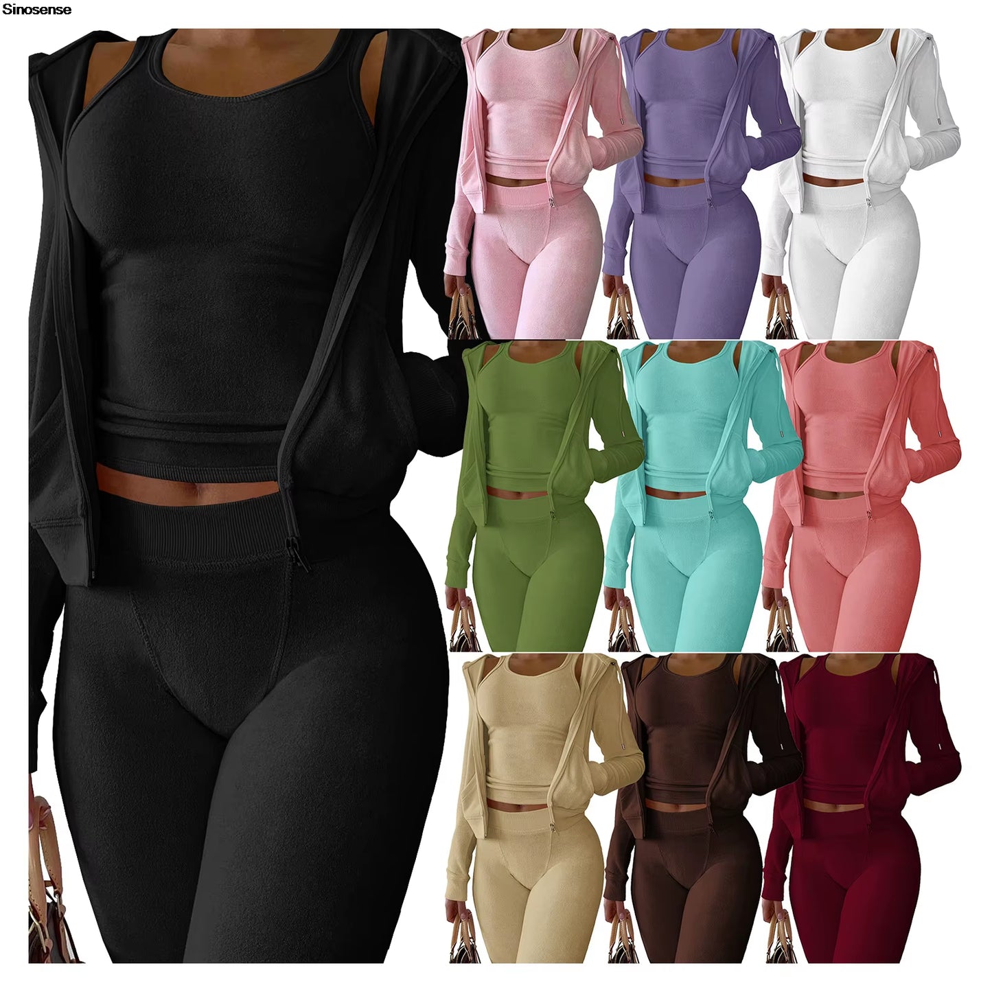 Women's Fuzzy Fleece 3-Piece Tracksuit Set: Zip-Up Hoodie, Sleeveless Tank Top, and Leggings for Casual Lounge Wear