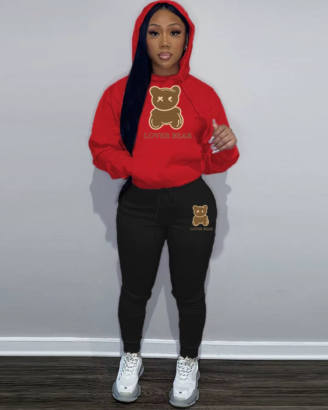 Elegant Bear Letter Print Tracksuit Set with Long Sleeve Hoodie and Drawstring Trousers for Women