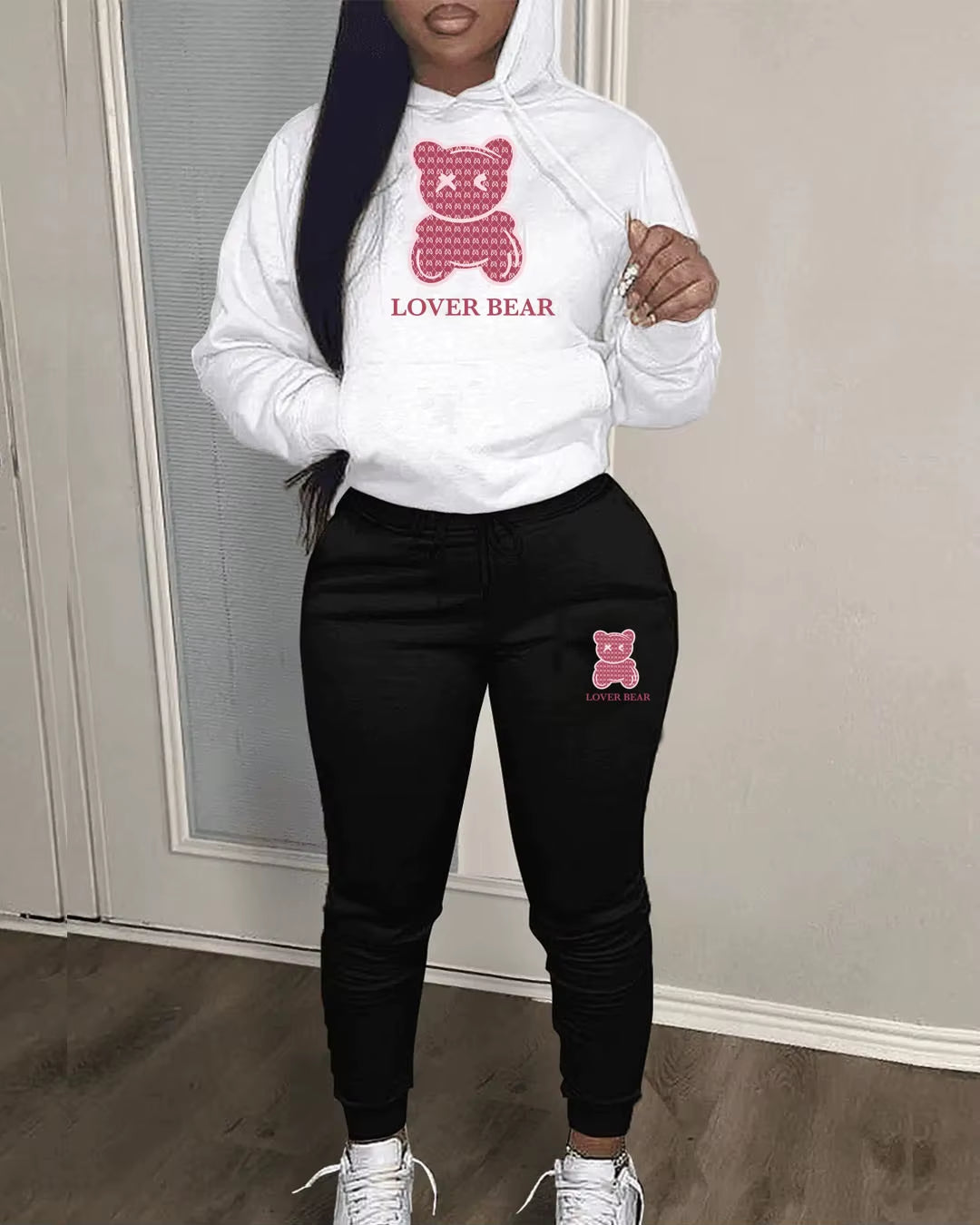 Elegant Bear Letter Print Tracksuit Set with Long Sleeve Hoodie and Drawstring Trousers for Women