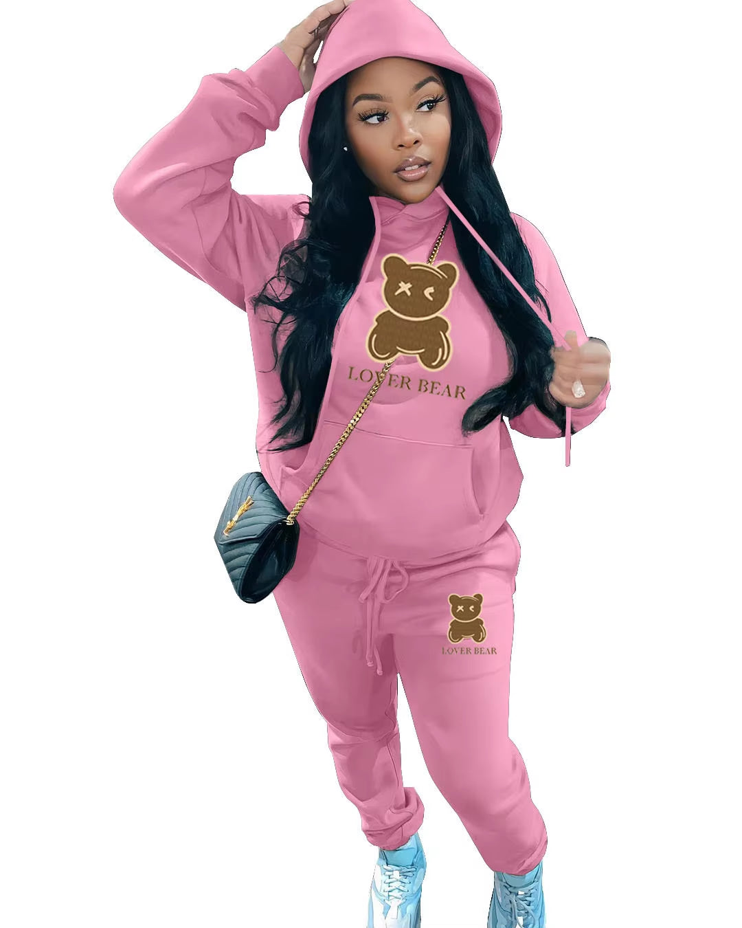 Elegant Bear Letter Print Tracksuit Set with Long Sleeve Hoodie and Drawstring Trousers for Women