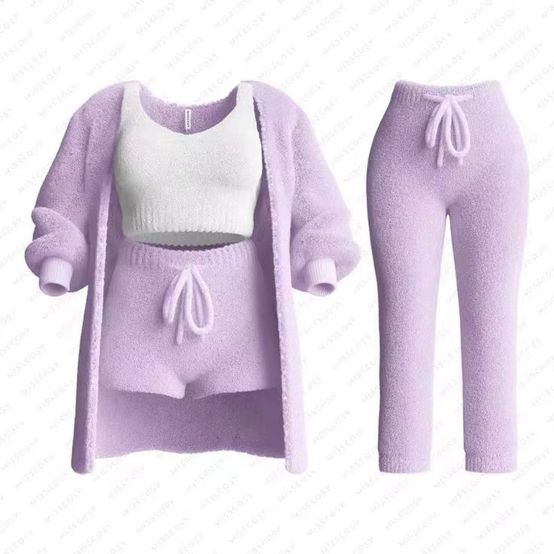 Four-Piece Casual Set: Cropped Tank Tops, High Elastic Drawstring Shorts, Long Sleeve Fleece Knitted Cardigan, and Full Trousers