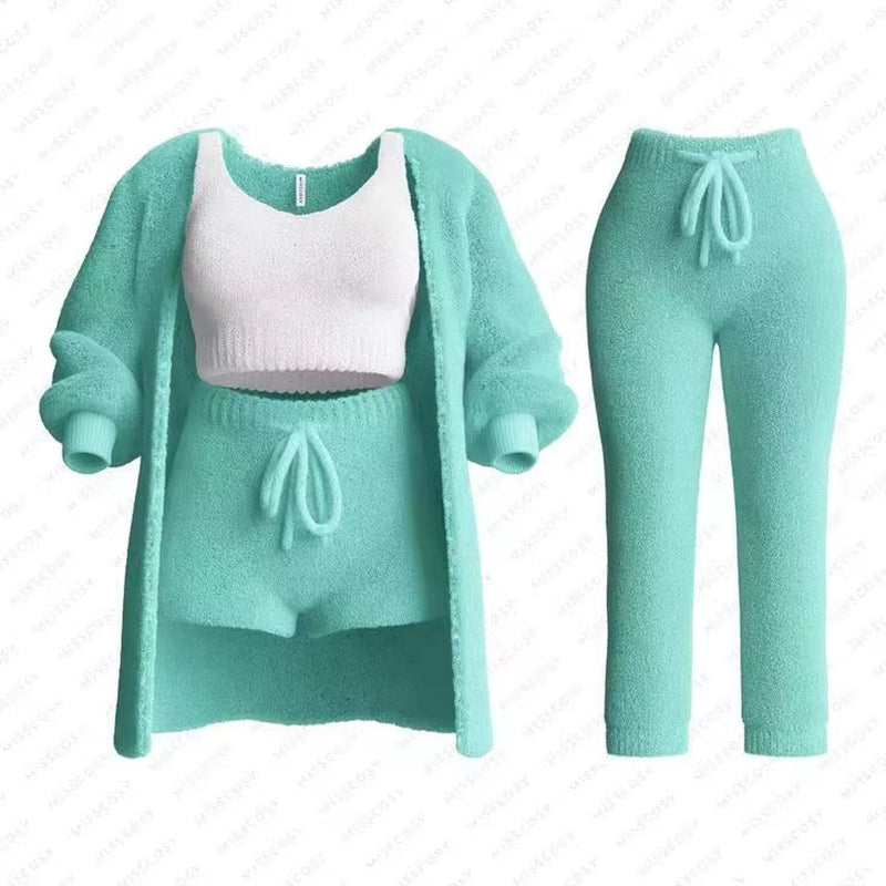 Four-Piece Casual Set: Cropped Tank Tops, High Elastic Drawstring Shorts, Long Sleeve Fleece Knitted Cardigan, and Full Trousers