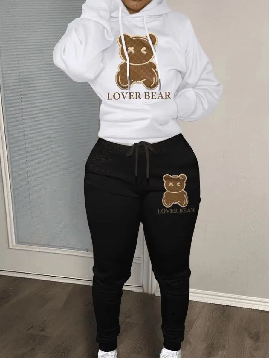 Elegant Bear Letter Print Tracksuit Set with Long Sleeve Hoodie and Drawstring Trousers for Women