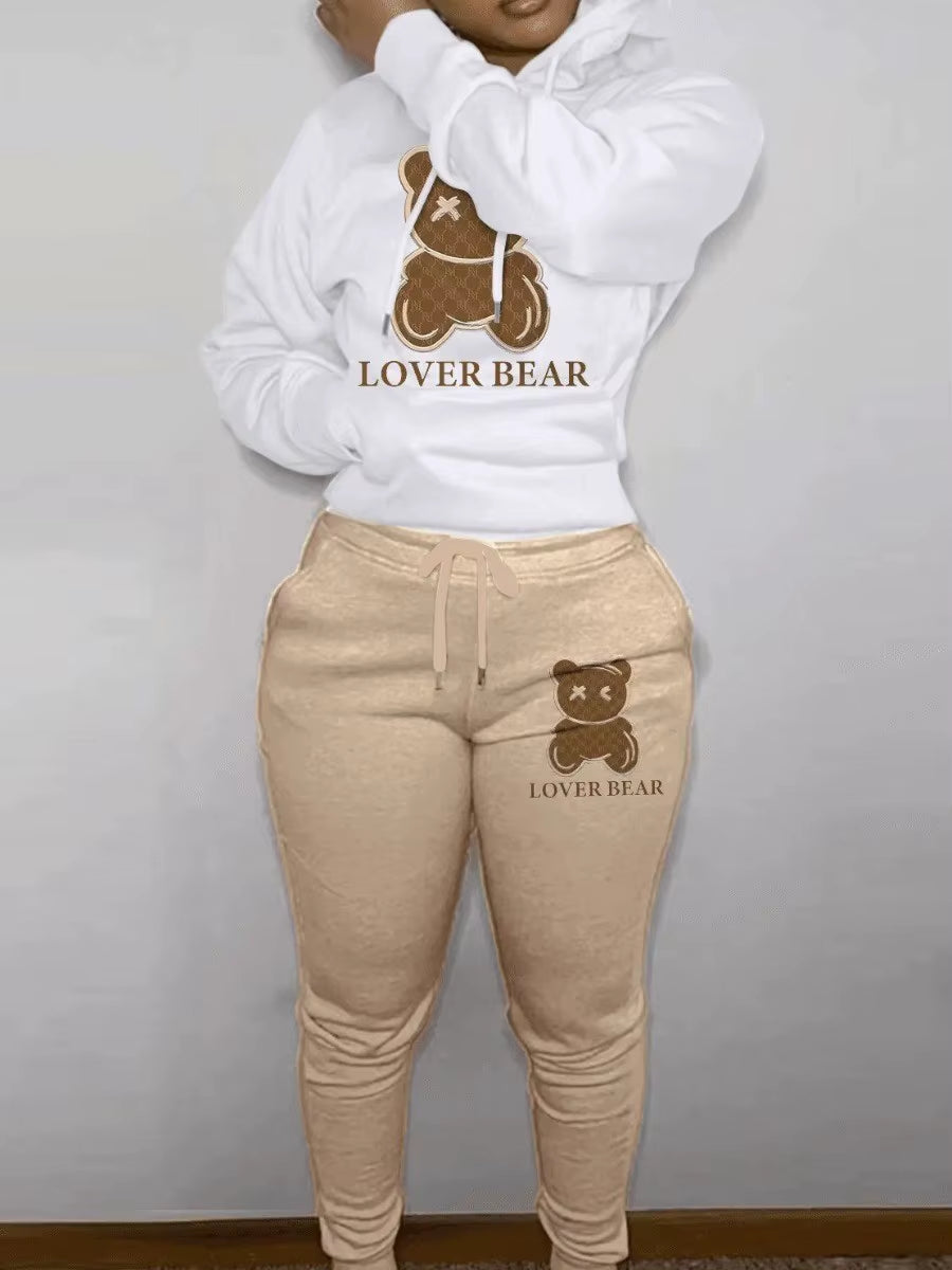 Elegant Bear Letter Print Tracksuit Set with Long Sleeve Hoodie and Drawstring Trousers for Women