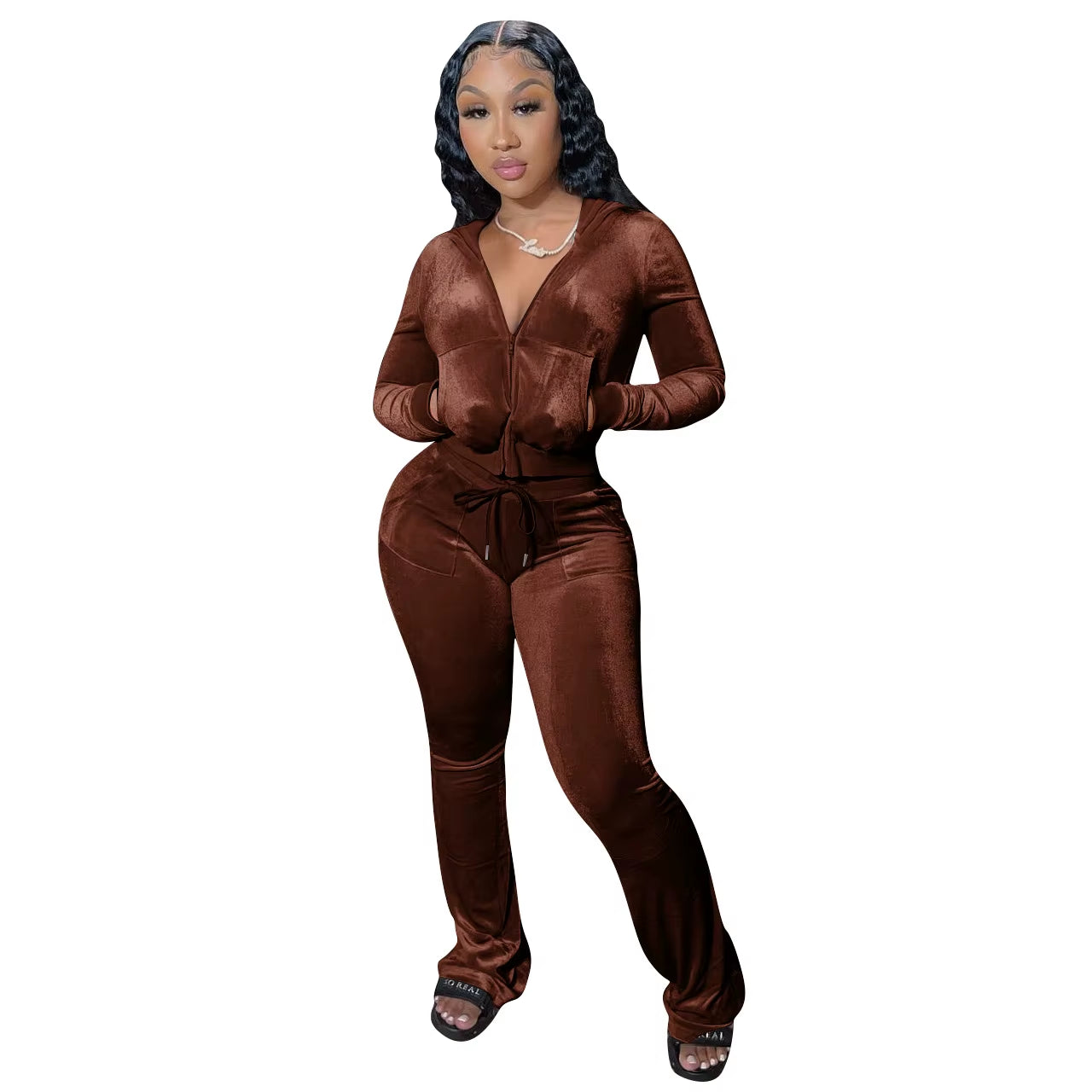 Women's Autumn Velour Tracksuit Set: Zip-Up Hooded Jacket with Bodycon Flared Pants