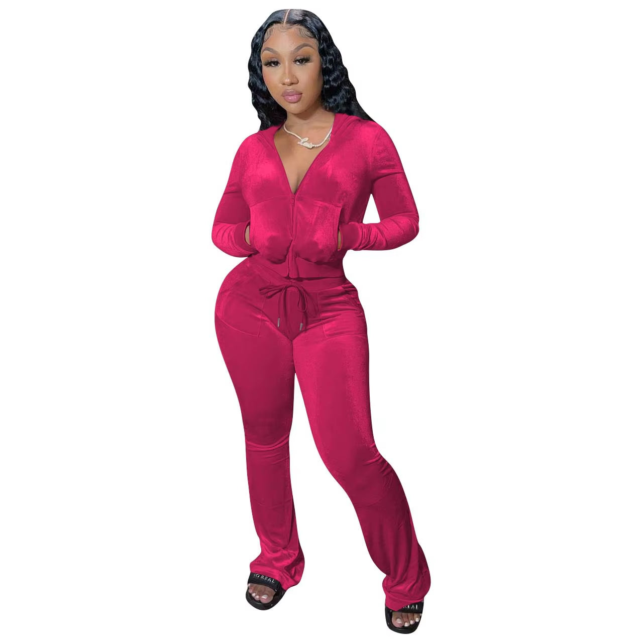 Women's Autumn Velour Tracksuit Set: Zip-Up Hooded Jacket with Bodycon Flared Pants