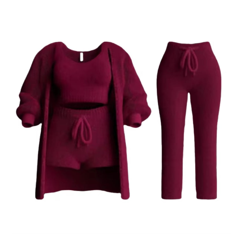 Four-Piece Casual Set: Cropped Tank Tops, High Elastic Drawstring Shorts, Long Sleeve Fleece Knitted Cardigan, and Full Trousers