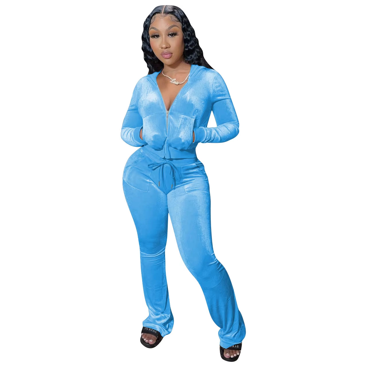 Women's Autumn Velour Tracksuit Set: Zip-Up Hooded Jacket with Bodycon Flared Pants