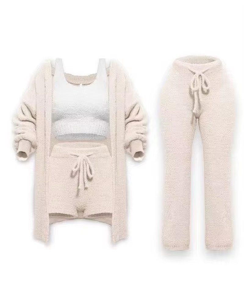 Four-Piece Casual Set: Cropped Tank Tops, High Elastic Drawstring Shorts, Long Sleeve Fleece Knitted Cardigan, and Full Trousers