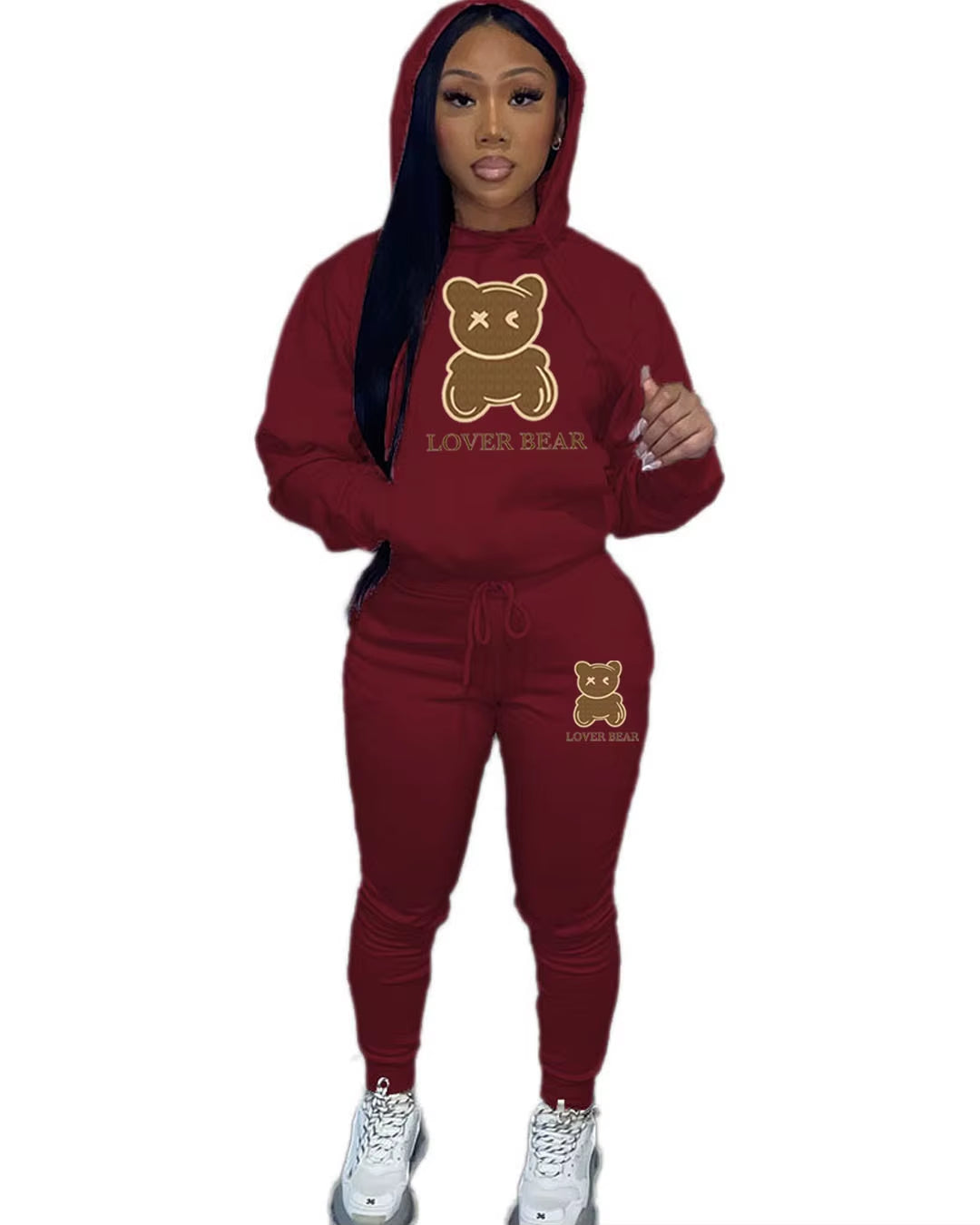 Elegant Bear Letter Print Tracksuit Set with Long Sleeve Hoodie and Drawstring Trousers for Women