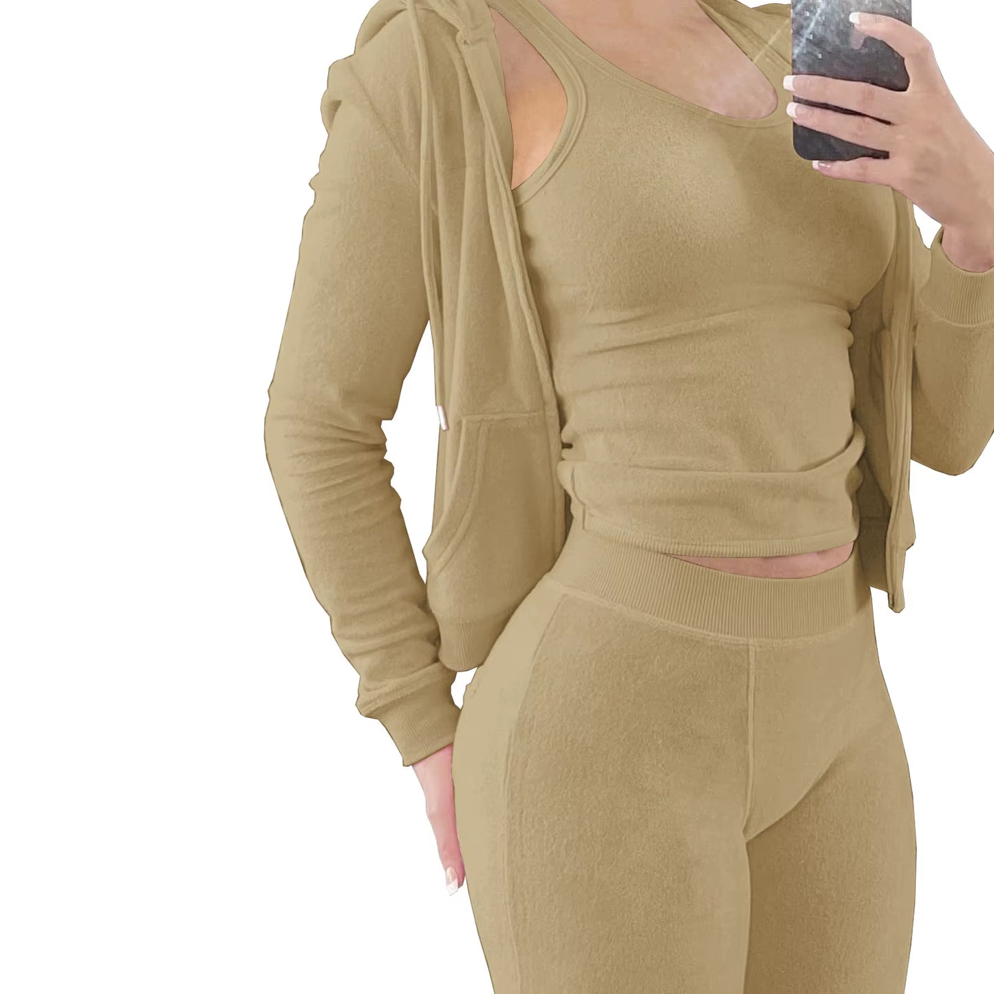 Women's Fuzzy Fleece 3-Piece Tracksuit Set: Zip-Up Hoodie, Sleeveless Tank Top, and Leggings for Casual Lounge Wear