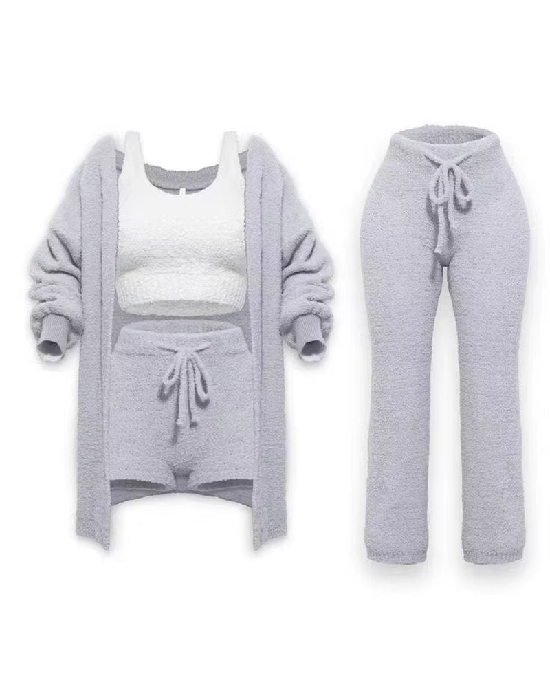 Four-Piece Casual Set: Cropped Tank Tops, High Elastic Drawstring Shorts, Long Sleeve Fleece Knitted Cardigan, and Full Trousers
