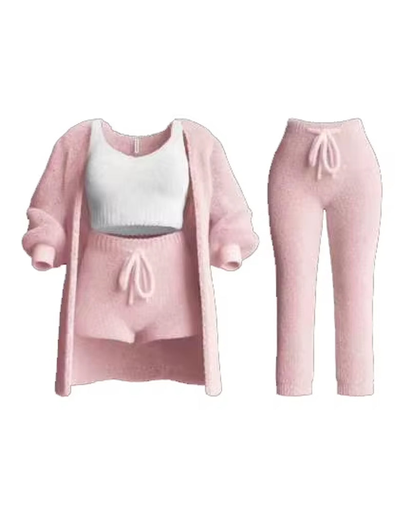Four-Piece Casual Set: Cropped Tank Tops, High Elastic Drawstring Shorts, Long Sleeve Fleece Knitted Cardigan, and Full Trousers
