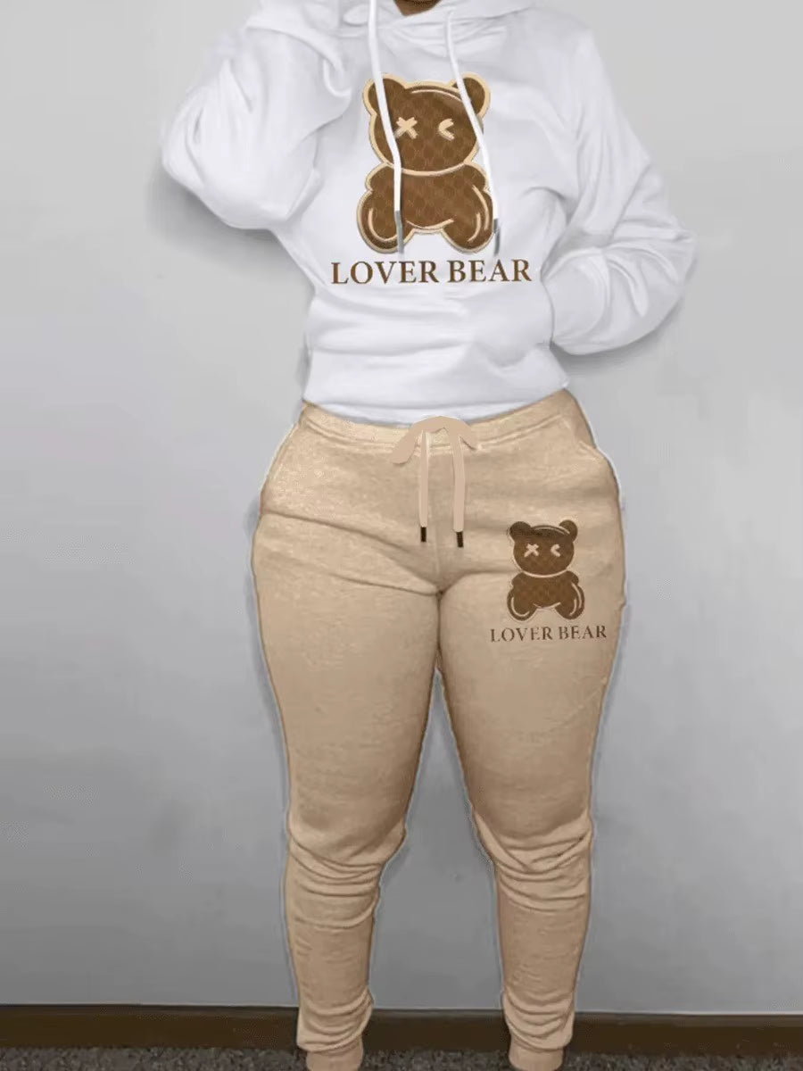 Elegant Bear Letter Print Tracksuit Set with Long Sleeve Hoodie and Drawstring Trousers for Women