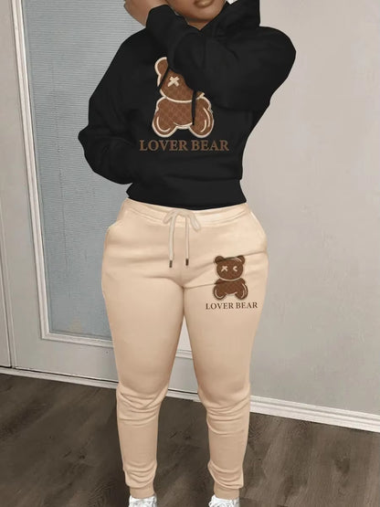Elegant Bear Letter Print Tracksuit Set with Long Sleeve Hoodie and Drawstring Trousers for Women