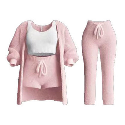 Four-Piece Casual Set: Cropped Tank Tops, High Elastic Drawstring Shorts, Long Sleeve Fleece Knitted Cardigan, and Full Trousers