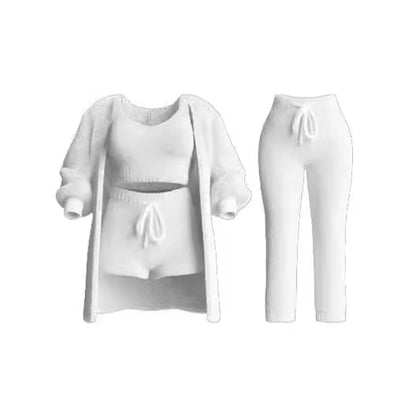 Four-Piece Casual Set: Cropped Tank Tops, High Elastic Drawstring Shorts, Long Sleeve Fleece Knitted Cardigan, and Full Trousers