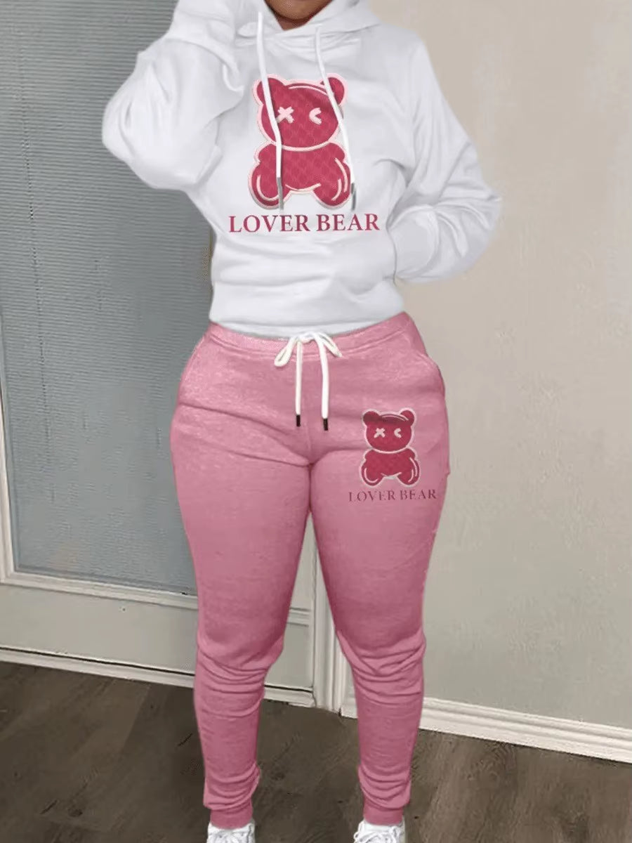 Elegant Bear Letter Print Tracksuit Set with Long Sleeve Hoodie and Drawstring Trousers for Women