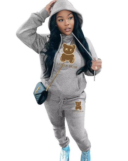 Elegant Bear Letter Print Tracksuit Set with Long Sleeve Hoodie and Drawstring Trousers for Women