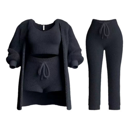 Four-Piece Casual Set: Cropped Tank Tops, High Elastic Drawstring Shorts, Long Sleeve Fleece Knitted Cardigan, and Full Trousers
