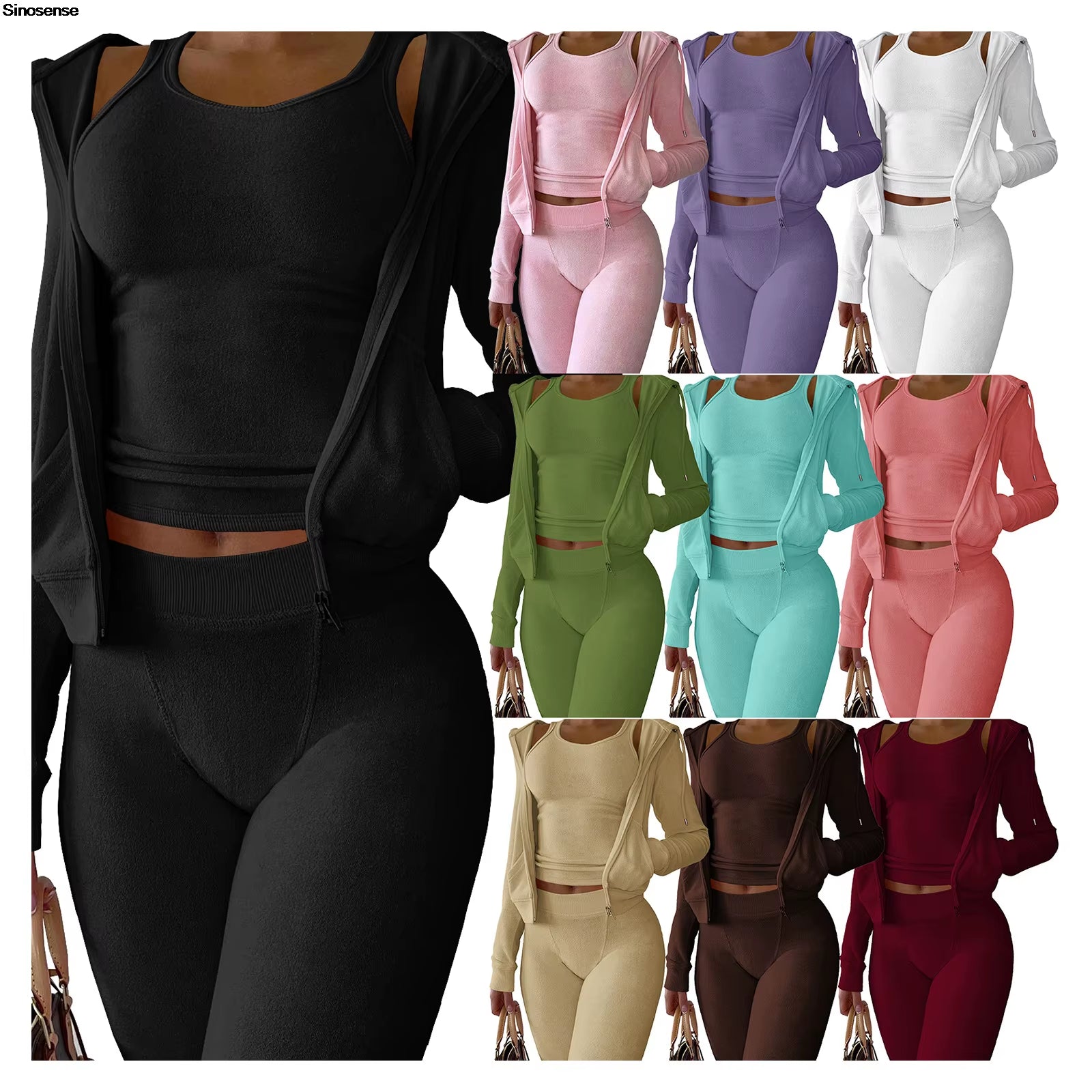 Women's Fuzzy Fleece 3-Piece Tracksuit Set: Zip-Up Hoodie, Sleeveless Tank Top, and Leggings for Casual Lounge Wear