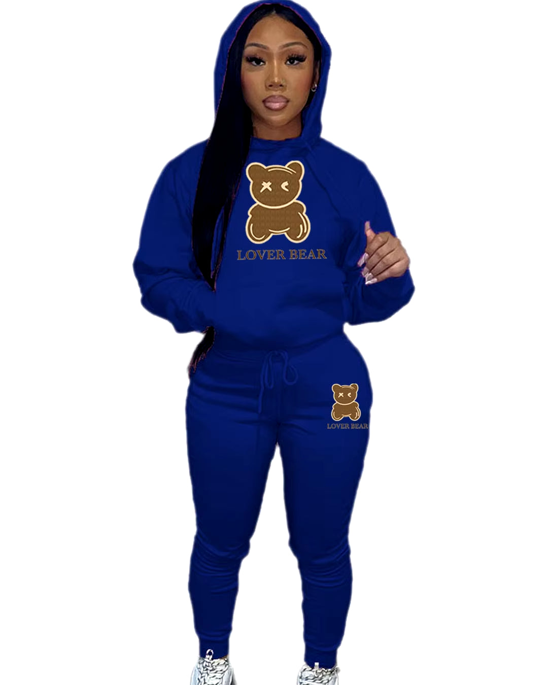 Elegant Bear Letter Print Tracksuit Set with Long Sleeve Hoodie and Drawstring Trousers for Women