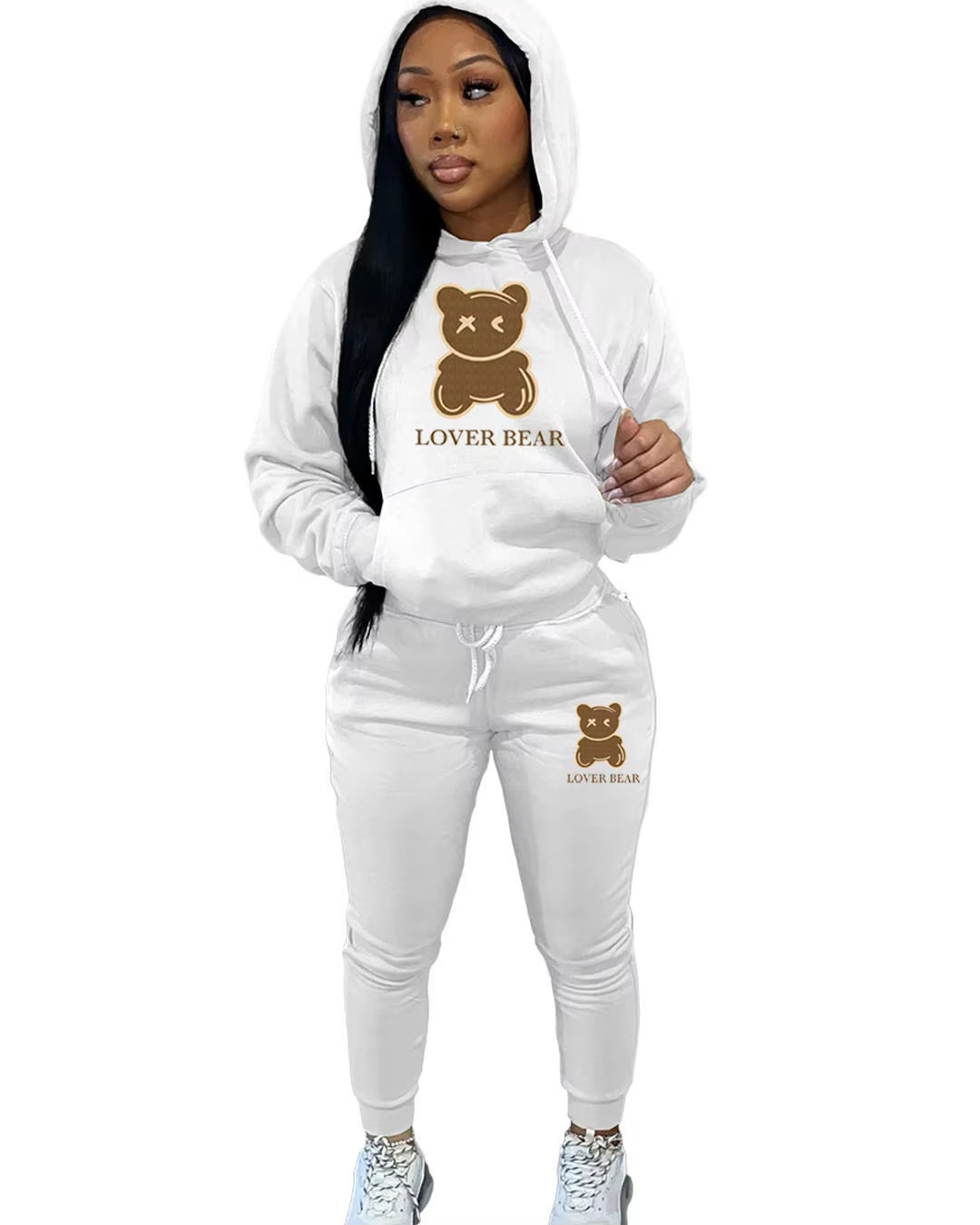 Elegant Bear Letter Print Tracksuit Set with Long Sleeve Hoodie and Drawstring Trousers for Women