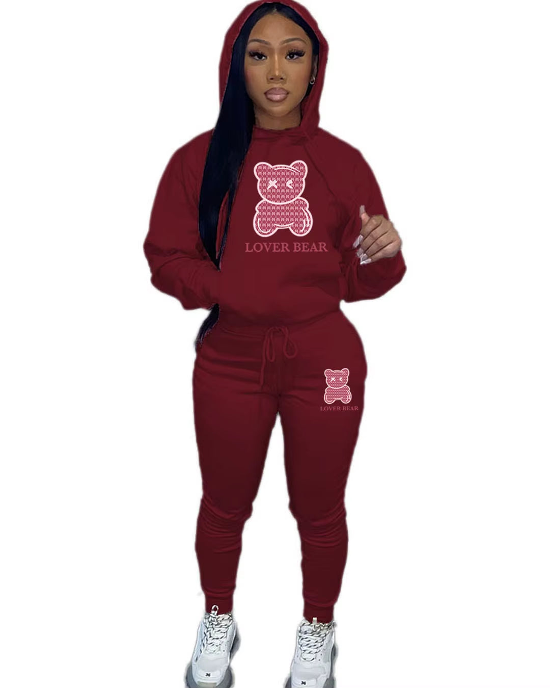 Elegant Bear Letter Print Tracksuit Set with Long Sleeve Hoodie and Drawstring Trousers for Women