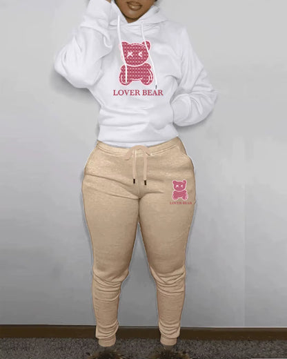 Elegant Bear Letter Print Tracksuit Set with Long Sleeve Hoodie and Drawstring Trousers for Women