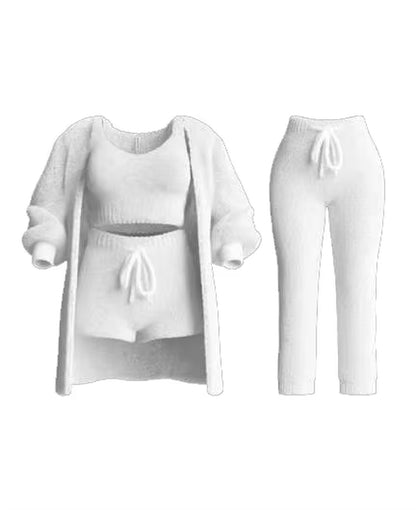 Four-Piece Casual Set: Cropped Tank Tops, High Elastic Drawstring Shorts, Long Sleeve Fleece Knitted Cardigan, and Full Trousers