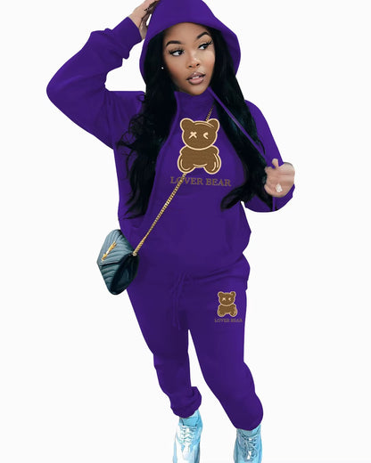 Elegant Bear Letter Print Tracksuit Set with Long Sleeve Hoodie and Drawstring Trousers for Women