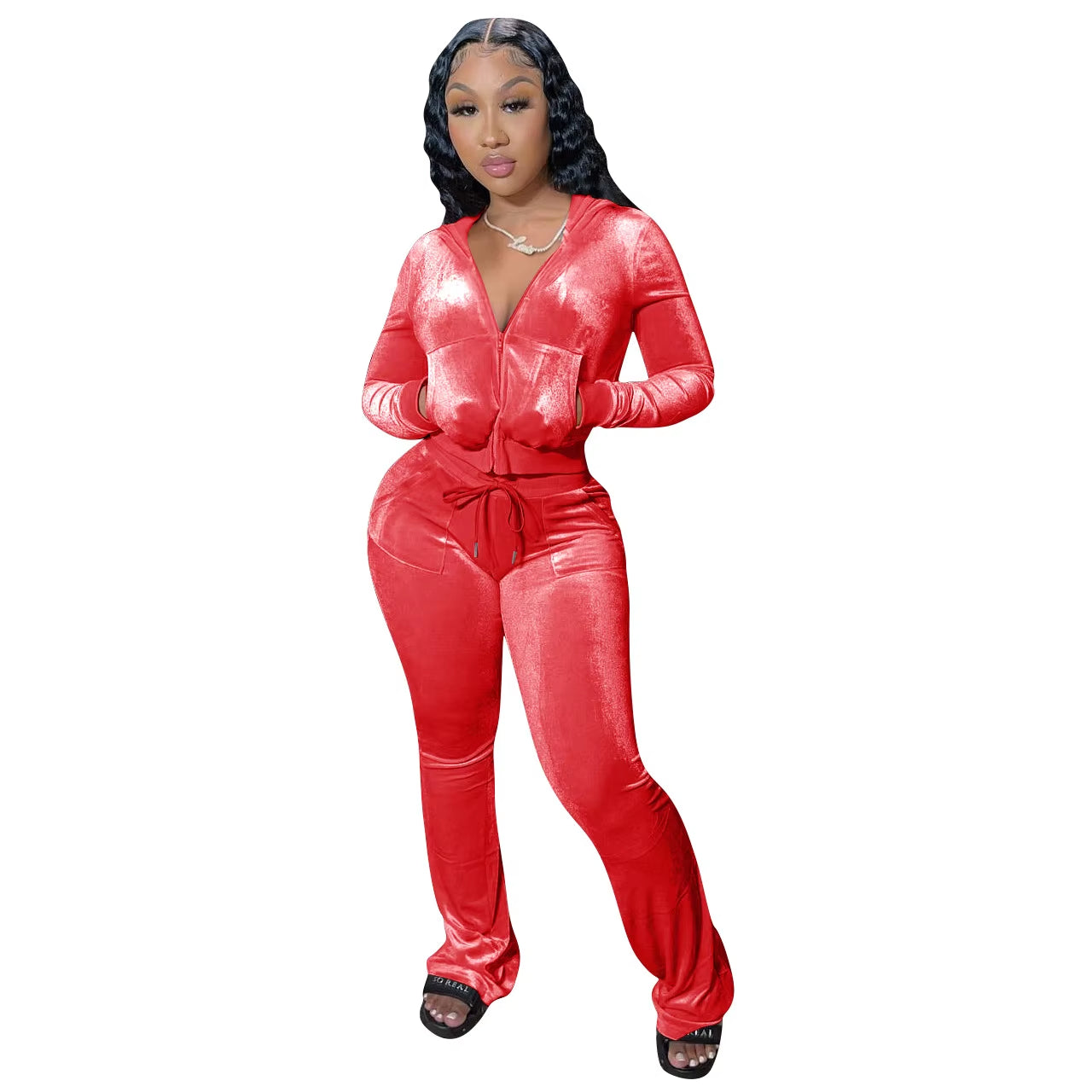 Women's Autumn Velour Tracksuit Set: Zip-Up Hooded Jacket with Bodycon Flared Pants
