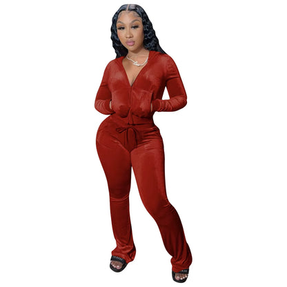 Women's Autumn Velour Tracksuit Set: Zip-Up Hooded Jacket with Bodycon Flared Pants