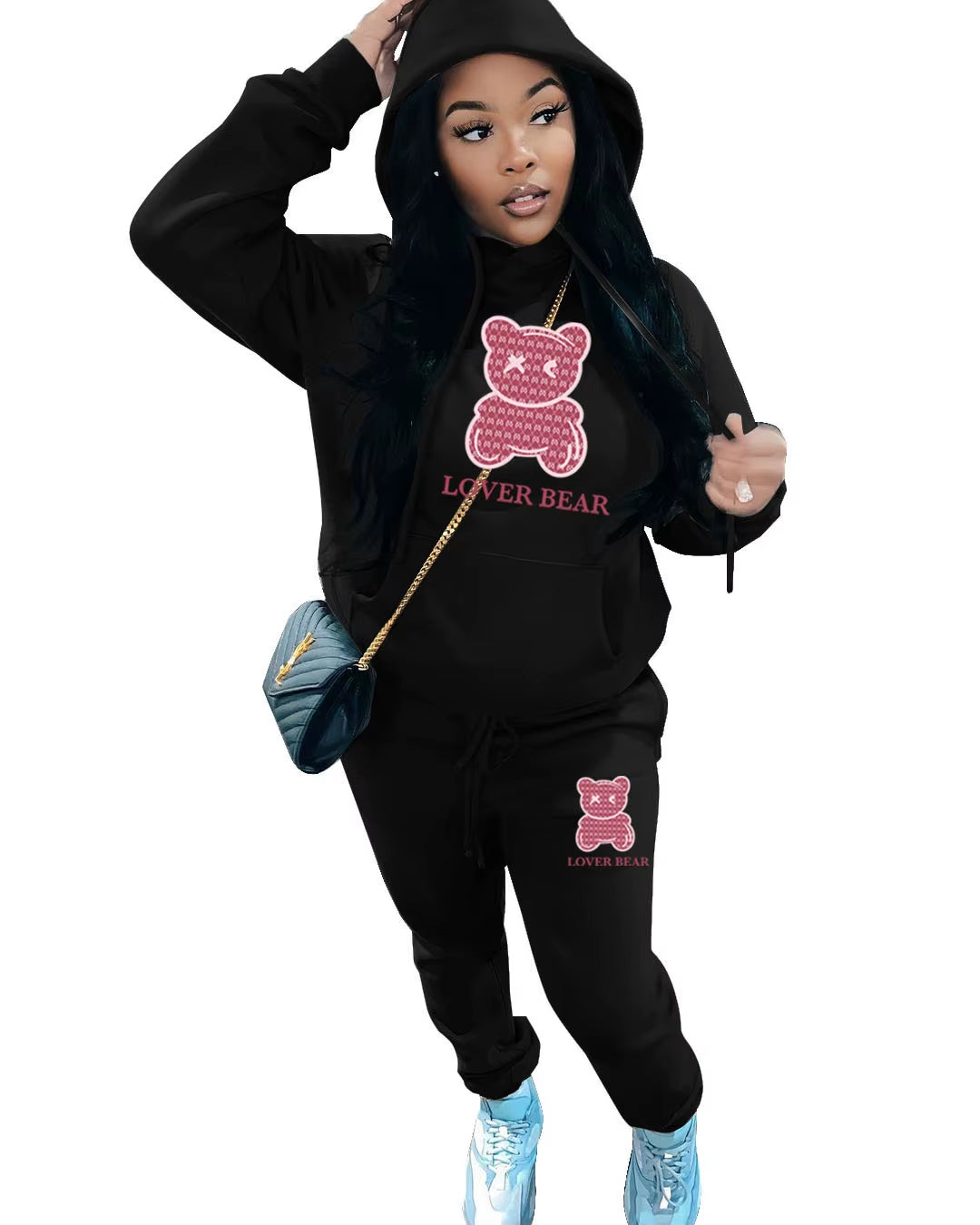 Elegant Bear Letter Print Tracksuit Set with Long Sleeve Hoodie and Drawstring Trousers for Women