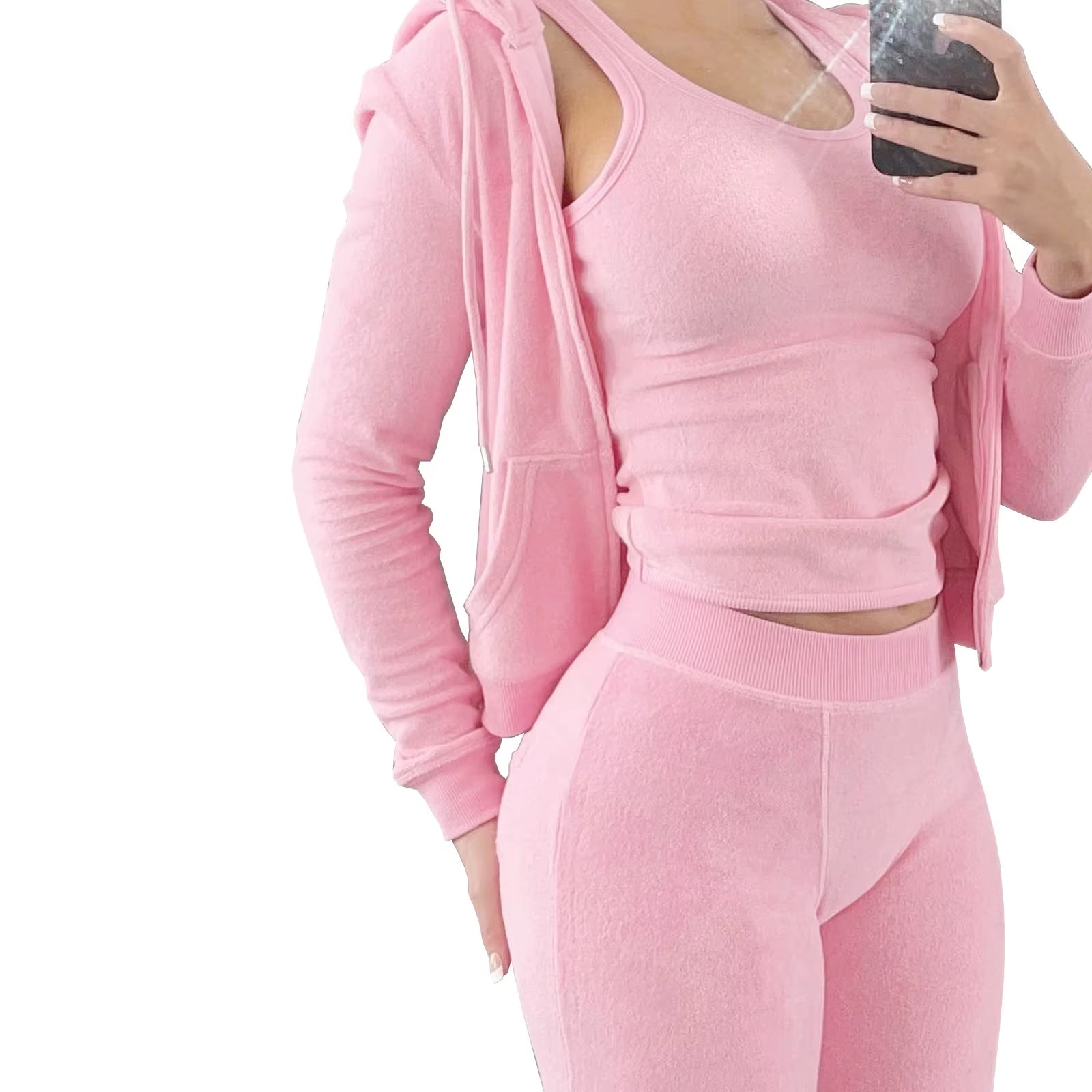 Women's Fuzzy Fleece 3-Piece Tracksuit Set: Zip-Up Hoodie, Sleeveless Tank Top, and Leggings for Casual Lounge Wear
