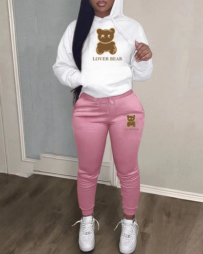Elegant Bear Letter Print Tracksuit Set with Long Sleeve Hoodie and Drawstring Trousers for Women
