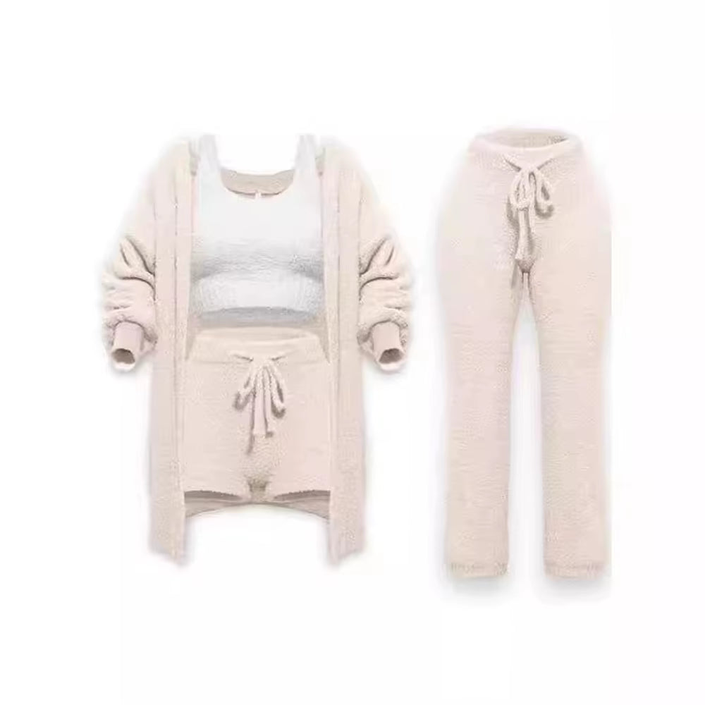 Four-Piece Casual Set: Cropped Tank Tops, High Elastic Drawstring Shorts, Long Sleeve Fleece Knitted Cardigan, and Full Trousers