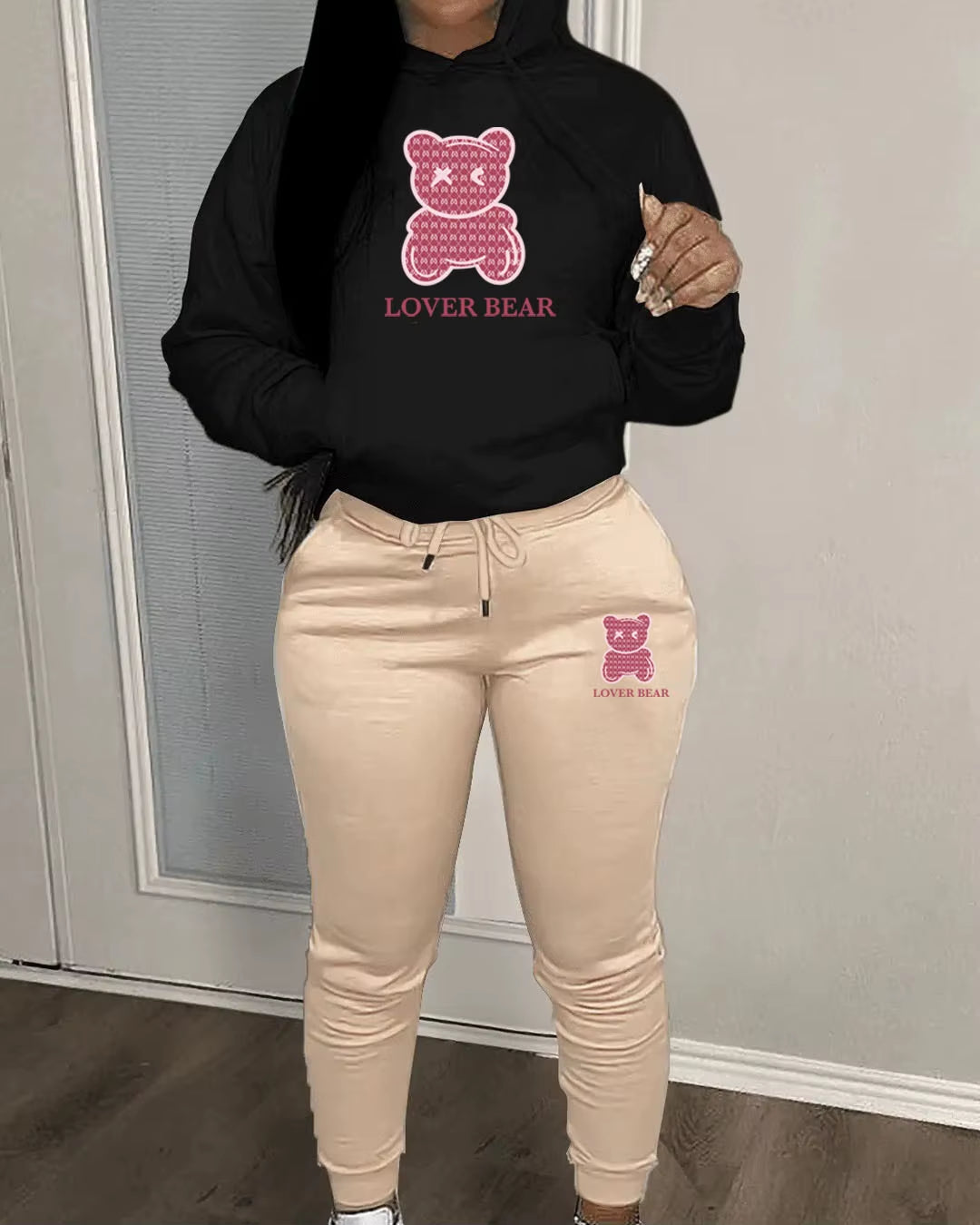 Elegant Bear Letter Print Tracksuit Set with Long Sleeve Hoodie and Drawstring Trousers for Women