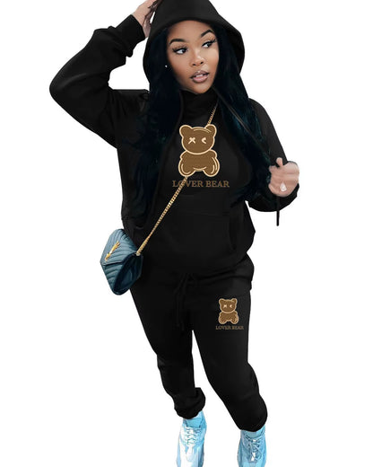 Elegant Bear Letter Print Tracksuit Set with Long Sleeve Hoodie and Drawstring Trousers for Women