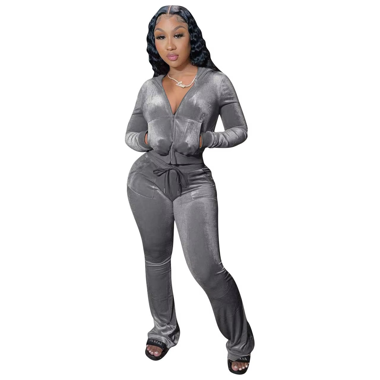 Women's Autumn Velour Tracksuit Set: Zip-Up Hooded Jacket with Bodycon Flared Pants