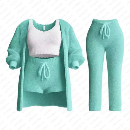 Four-Piece Casual Set: Cropped Tank Tops, High Elastic Drawstring Shorts, Long Sleeve Fleece Knitted Cardigan, and Full Trousers