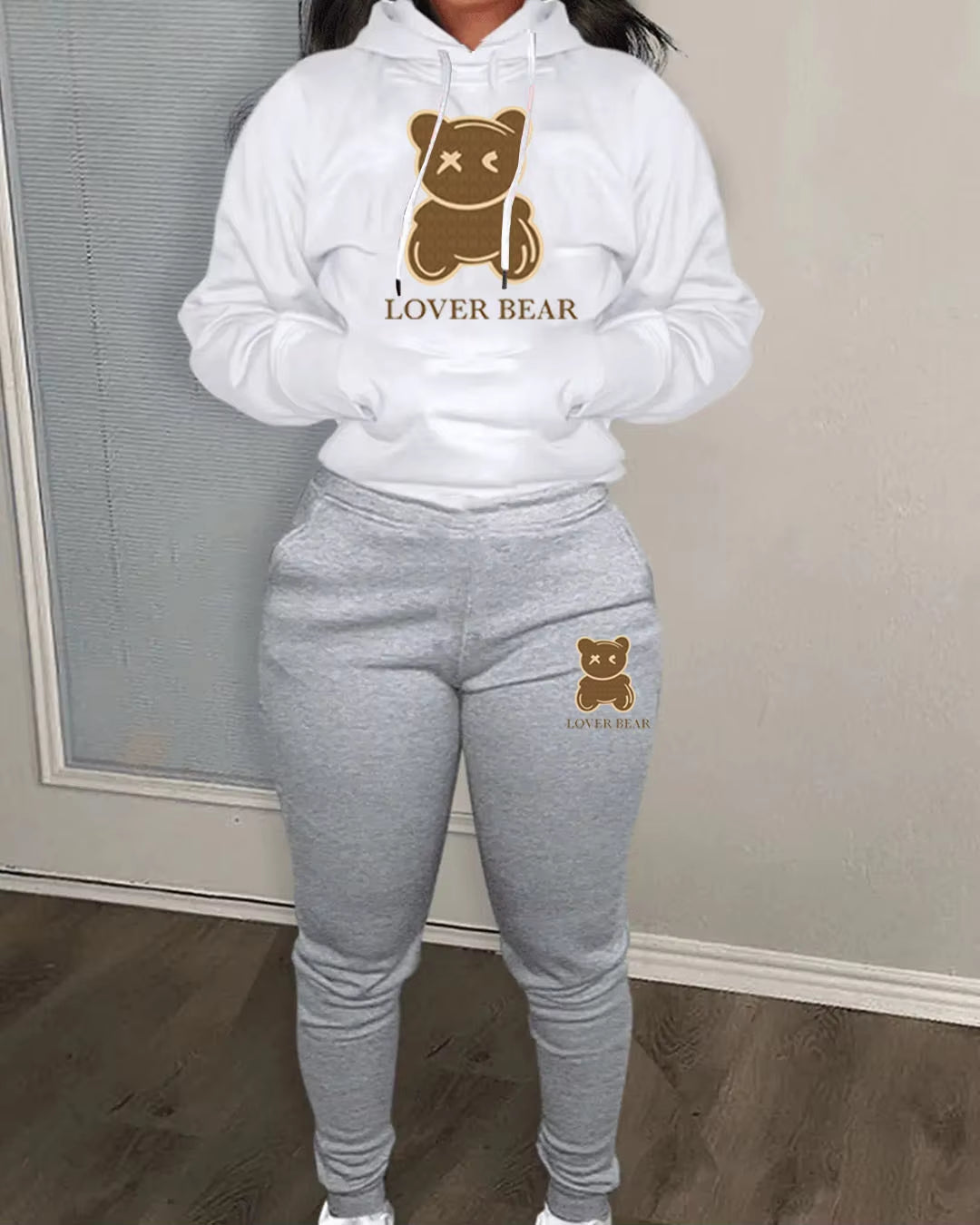 Elegant Bear Letter Print Tracksuit Set with Long Sleeve Hoodie and Drawstring Trousers for Women