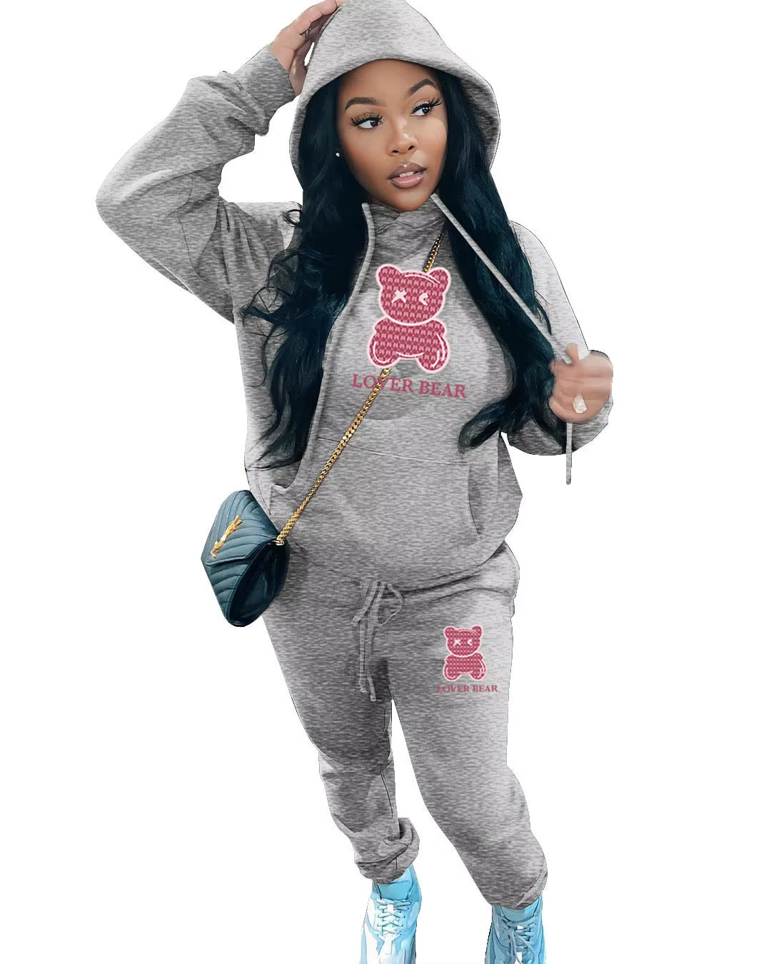 Elegant Bear Letter Print Tracksuit Set with Long Sleeve Hoodie and Drawstring Trousers for Women