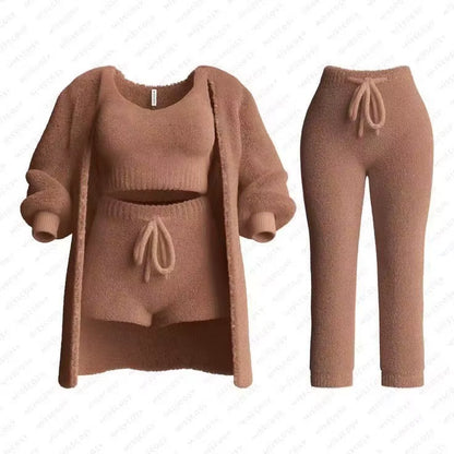 Four-Piece Casual Set: Cropped Tank Tops, High Elastic Drawstring Shorts, Long Sleeve Fleece Knitted Cardigan, and Full Trousers