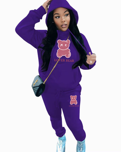 Elegant Bear Letter Print Tracksuit Set with Long Sleeve Hoodie and Drawstring Trousers for Women
