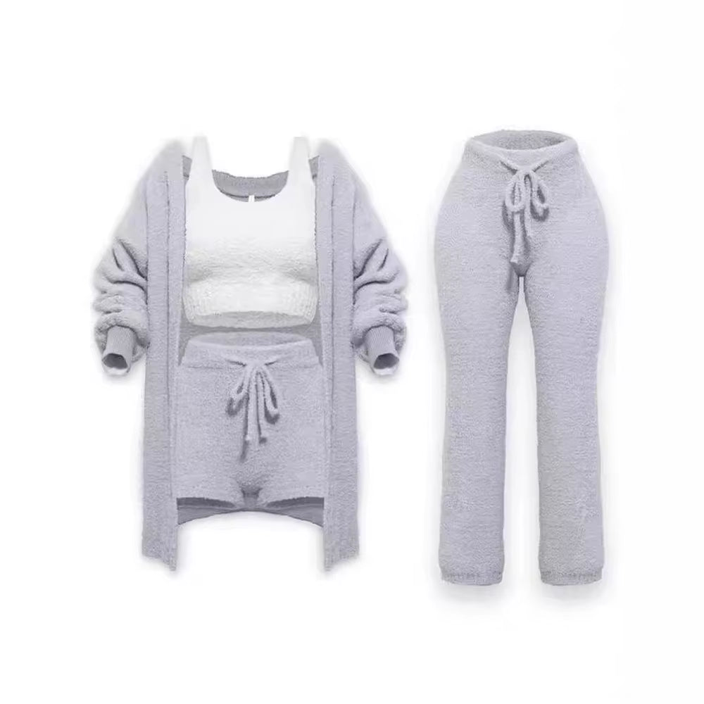 Four-Piece Casual Set: Cropped Tank Tops, High Elastic Drawstring Shorts, Long Sleeve Fleece Knitted Cardigan, and Full Trousers