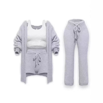 Four-Piece Casual Set: Cropped Tank Tops, High Elastic Drawstring Shorts, Long Sleeve Fleece Knitted Cardigan, and Full Trousers